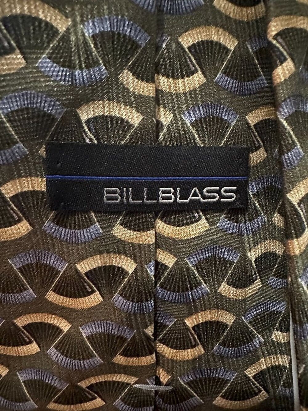 Bill Blass Men's Silk Tie, Art Deco Fan Pattern in Grey, Black, Blue and Tan